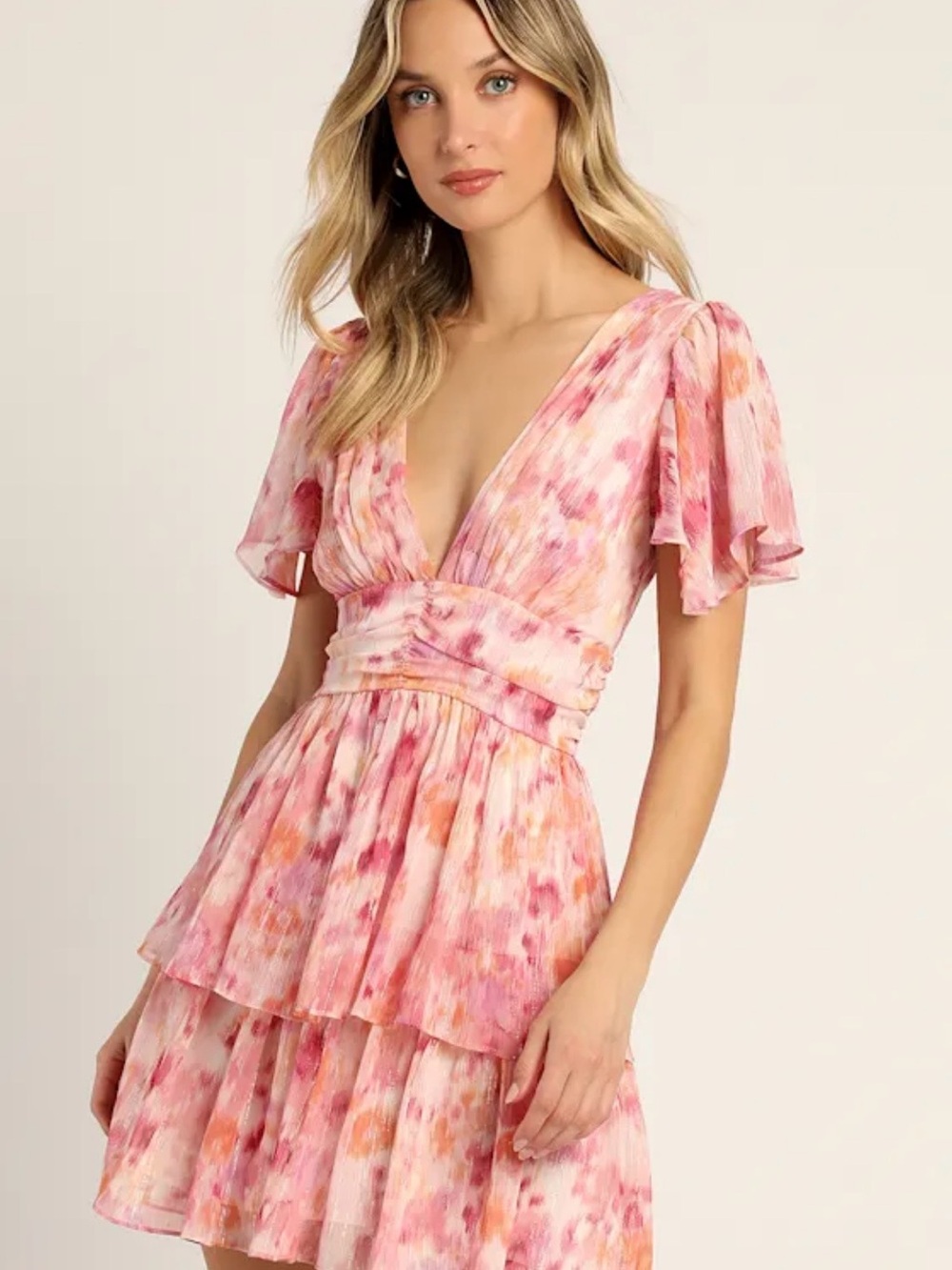 Floral Pink Tiered V-Neck Mini Dress
